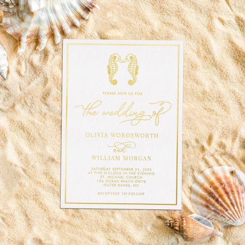 Seahorse Coastal Beach Elegant Script Wedding  Foil Invitation