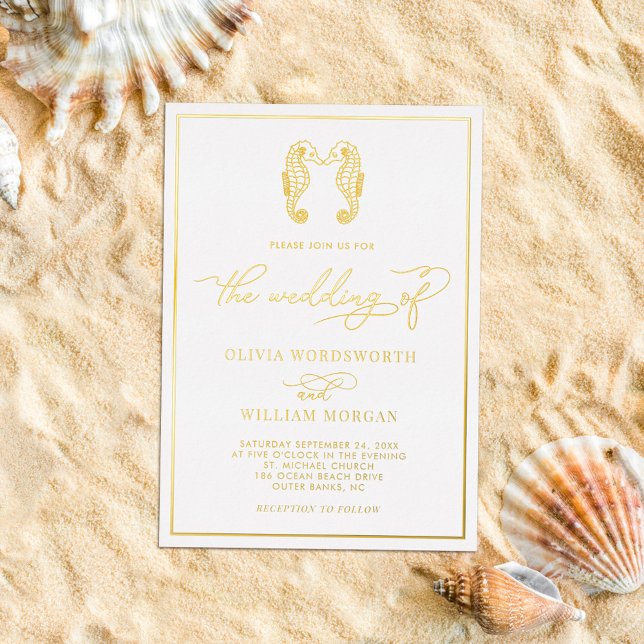 Seahorse Coastal Beach Elegant Script Wedding  Foil Invitation (Creator Uploaded)