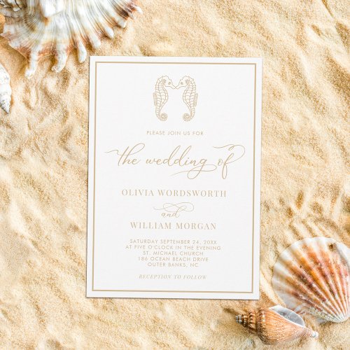 Seahorse Coastal Beach Script Beige Wedding Invitation