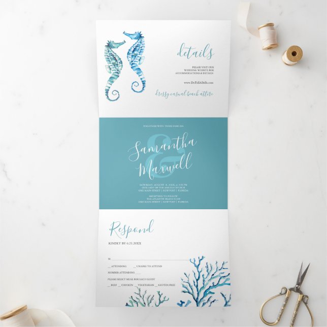 Seahorse Coastal Trifold Wedding Invitation (Inside)