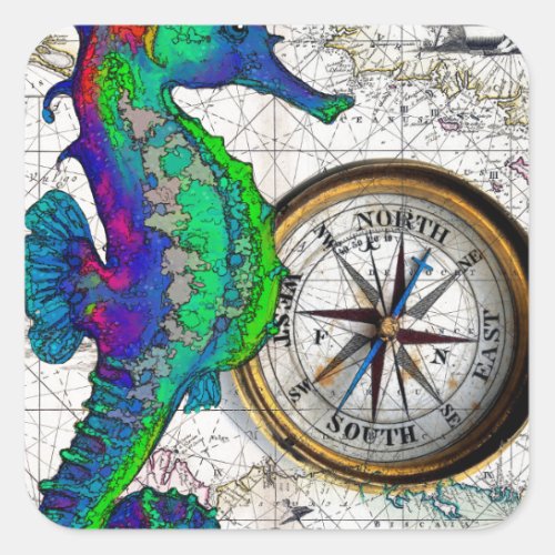 Seahorse Compass Collage Square Sticker