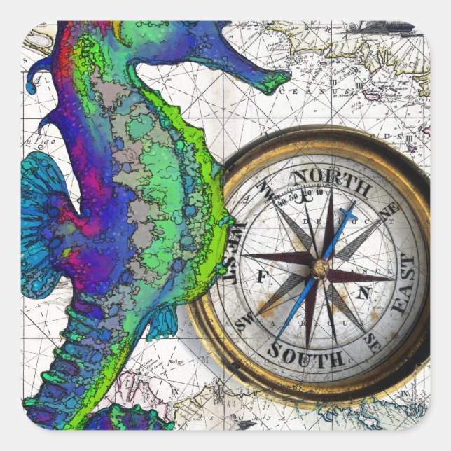 Seahorse Compass Collage Square Sticker (Front)