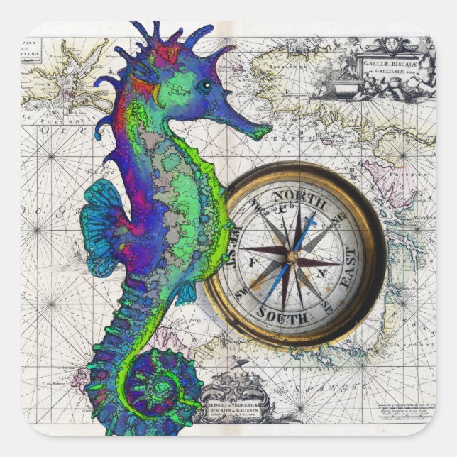 Seahorse Compass Square Sticker (Front)
