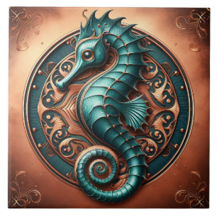 Seahorse Copper and Teal Ceramic Tile