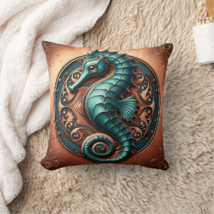 Seahorse Copper and Teal Throw Pillow