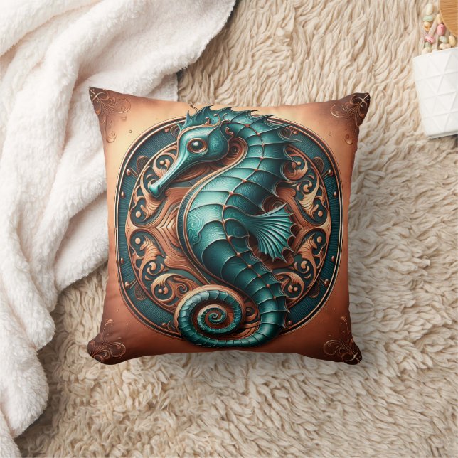 Seahorse Copper and Teal Throw Pillow (Blanket)