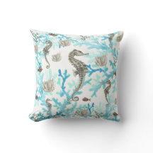 Seahorse Coral Sealife Oceanlife Teal Beige White