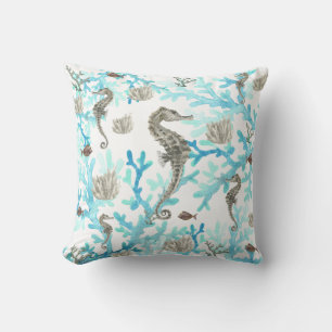 Seahorse Coral Sealife Oceanlife Teal Beige White Throw Pillow