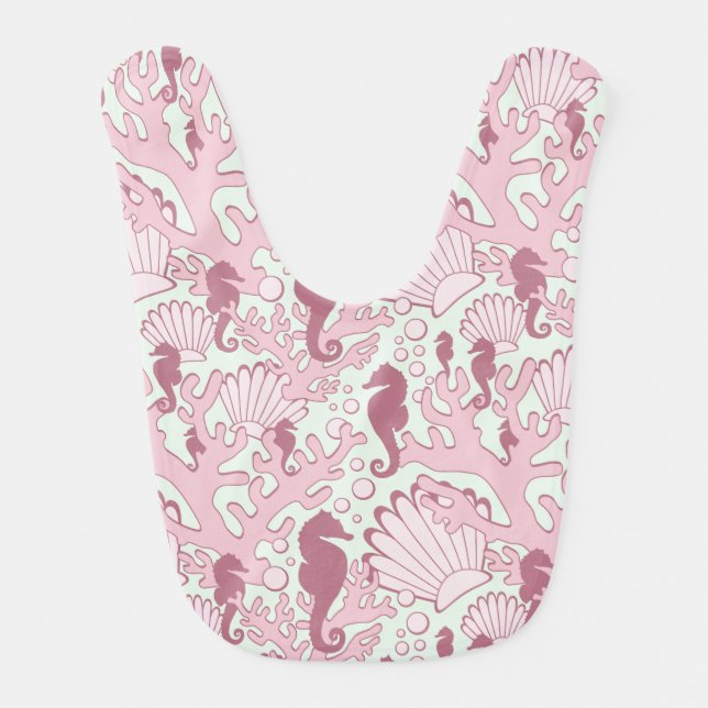 Seahorse Coral Shells Pink Baby Bib (Front)
