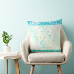 Seahorse Couple Beach House Throw Pillow