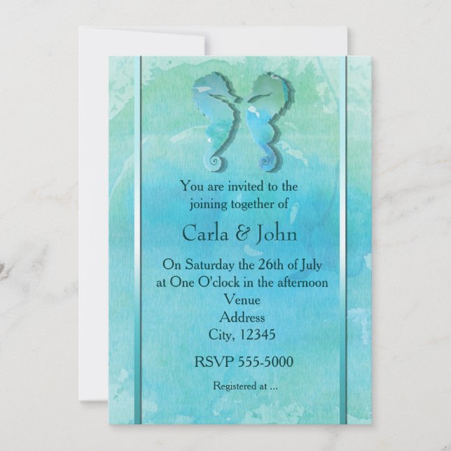 Seahorse Couple Watercolor Beach Wedding Invite (Front)