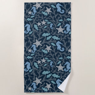 Seahorse Deep Blue Pattern Beach Towel