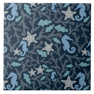 Seahorse Deep Blue Pattern Ceramic Tile