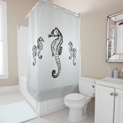 Seahorse Design on Silver Shower Curtain