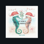 Seahorse Eat Drink Be Married Coastal Christmas Napkins<br><div class="desc">Coastal theme Christmas napkins (for newlywed or engaged couples) feature watercolor seahorses in Santa hats kissing under mistletoe on the beach with an "Eat Drink & Be Married" caption. Perfect for beach theme winter and holiday wedding celebrations and engagement parties. Visit my "Seahorse Coastal Christmas Kiss" collection for coordinating invitations,...</div>