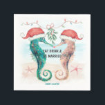 Seahorse Eat Drink Be Married Coastal Christmas Napkins<br><div class="desc">Coastal theme Christmas napkins (for newlywed or engaged couples) feature watercolor seahorses in Santa hats kissing under mistletoe on the beach with an "Eat Drink & Be Married" caption. Perfect for beach theme winter and holiday wedding celebrations and engagement parties. Visit my "Seahorse Coastal Christmas Kiss" collection for coordinating invitations,...</div>