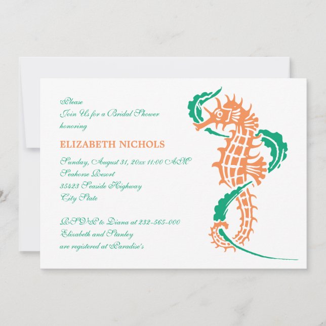 Seahorse emerald, coral wedding bridal shower invitation (Front)