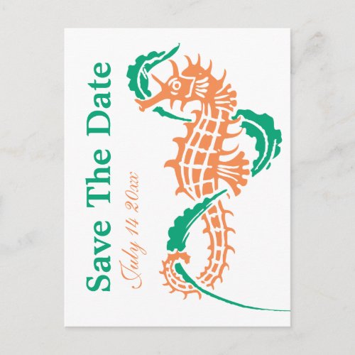Seahorse emerald coral wedding Save the Date Announcement Postcard
