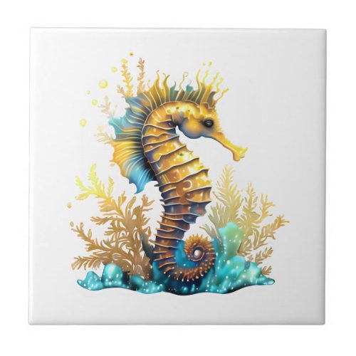 Seahorse fantasy blue gold under the sea ceramic tile