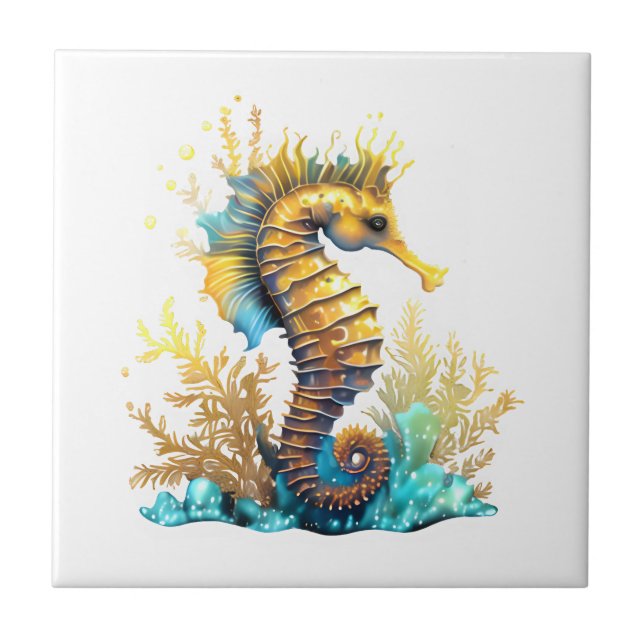 Seahorse fantasy blue gold under the sea ceramic tile (Front)