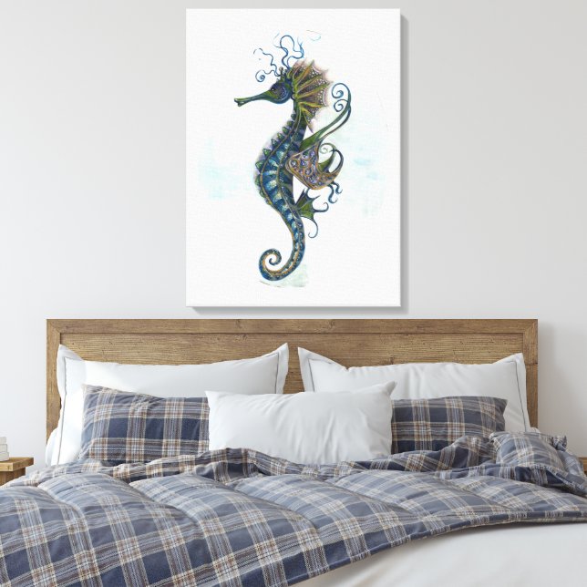 Seahorse fantasy, blue green artwork canvas print (Insitu(Bedroom))