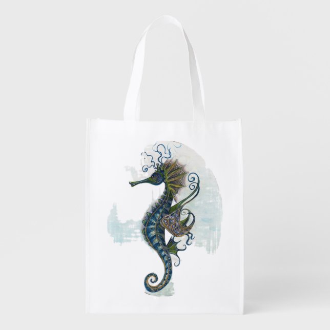 Seahorse fantasy, blue green artwork grocery bag (Front)
