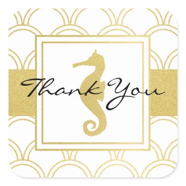 Seahorse Faux Gold Nautical Modern Thank You Square Sticker Seahorse Faux Gold Nautical Modern Thank You Square Sticker