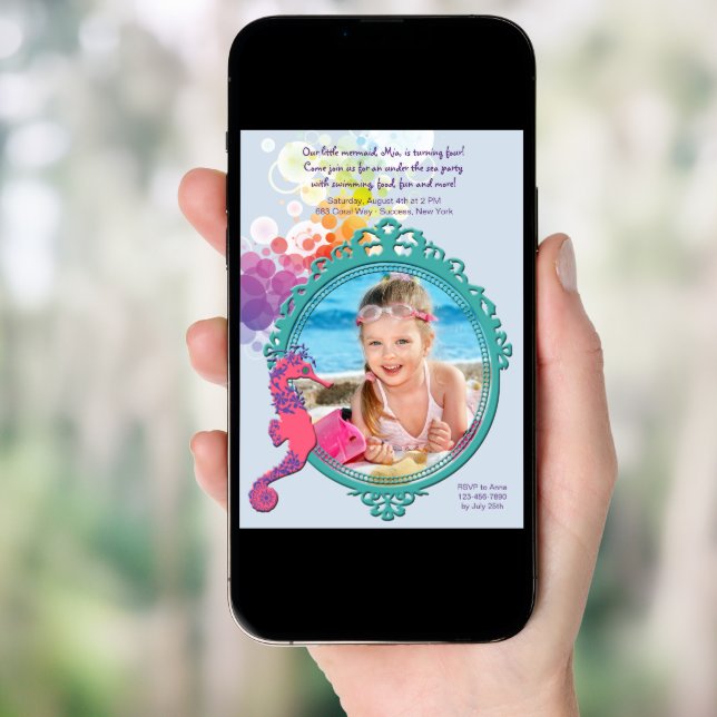 Seahorse Frame Photo Birthday Party Invitation (Front Digital)