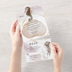Seahorse glitter abstract coastal beach gold pink all in one invitation