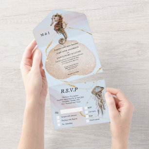 Seahorse glitter jelly fish blue gold beach   all  all in one invitation