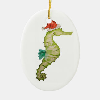 Seahorse in a Santa hat nautical Christmas ornamen Ceramic Ornament