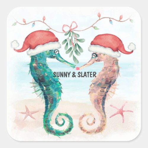 Seahorse Kiss Beach Christmas Couples Shower Square Sticker