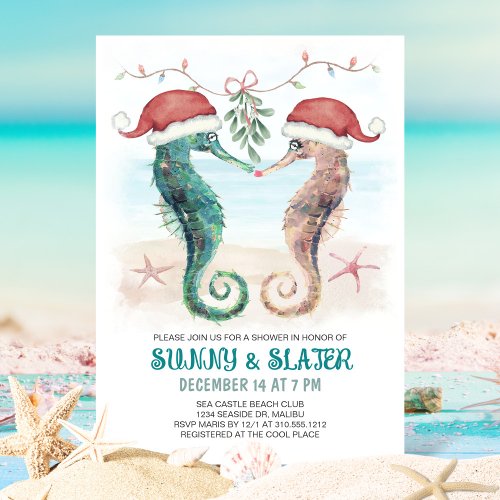 Seahorse Kiss Coastal Christmas Couples Shower  Invitation