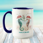 Seahorse Kiss Mistletoe Coastal Christmas Mug<br><div class="desc">Share some love with this cute coastal Christmas mug featuring watercolor seahorses in Santa hats kissing under mistletoe on the beach with a "Merry Kissmas" greeting (which can be personalized). Visit my "Seahorse Coastal Christmas Kiss" collection for coordinating invitations,  party supplies,  decor and more. Art by KL Stock.</div>