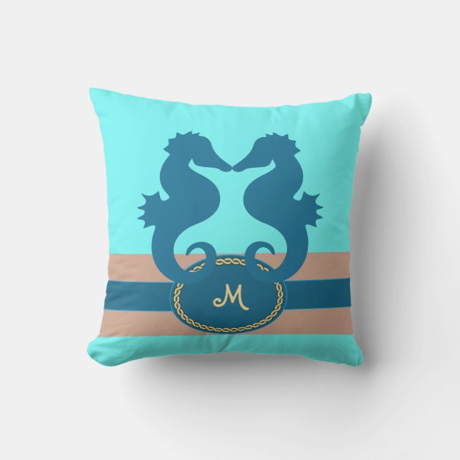 Seahorse Kiss Monogrammed Outdoor Pillow (Front)