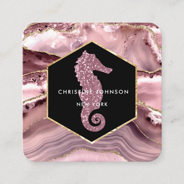 seahorse logo on blush agate square business card (Front)