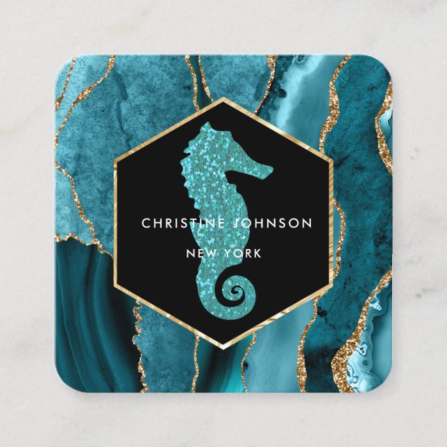 seahorse logo on turquoise agate square business card (Front)
