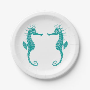 Seahorse Love Teal Turquoise - Beach Wedding Paper Plates