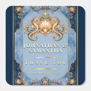 Seahorse luxury beach wedding thank you retro square sticker