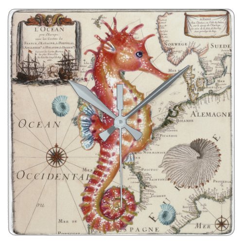 seahorse map old vintage red square wall clock