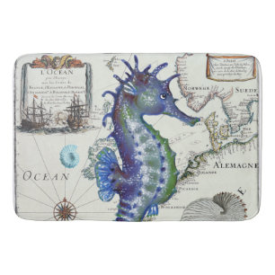 Seahorse Map Vintage Blue Bathroom Mat