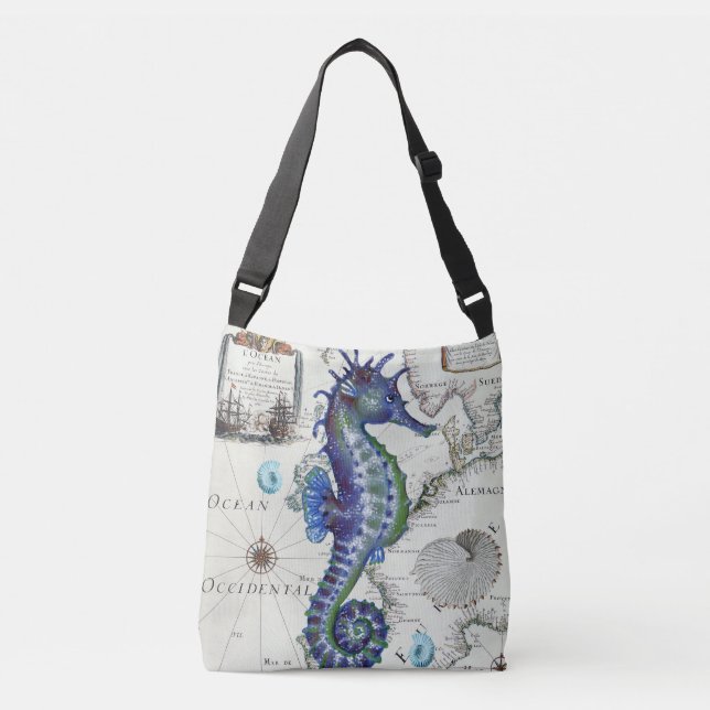 Seahorse Map Vintage Blue Crossbody Bag (Front)