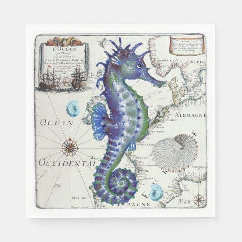 Seahorse Map Vintage Blue Paper Napkins