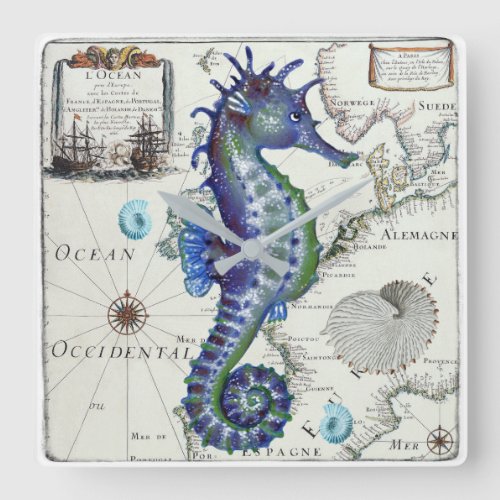 Seahorse Map Vintage Blue Square Wall Clock