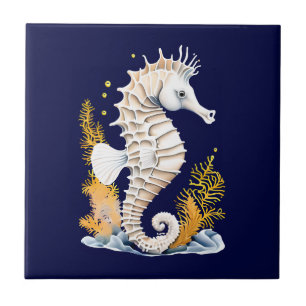Seahorse marine fish 3D blue orange beach theme Ceramic Tile