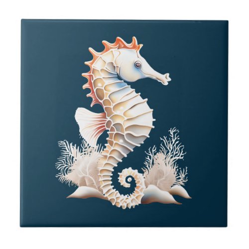 Seahorse marine fish 3D blue orange beach theme Ceramic Tile