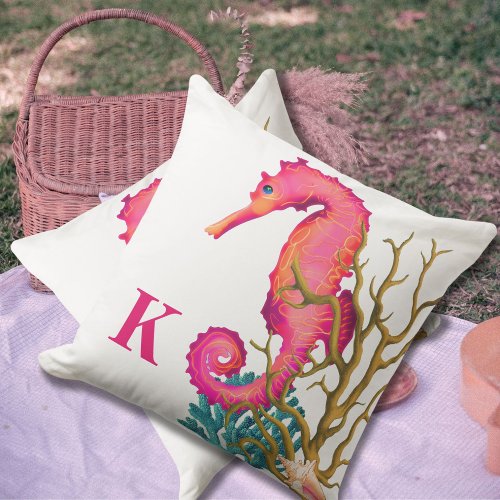 Seahorse Marine Pink Coastal Outdoor Pillow