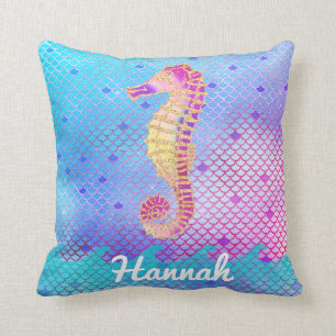 Seahorse Mermaid Scales Pink Blue Ocean Name Throw Pillow