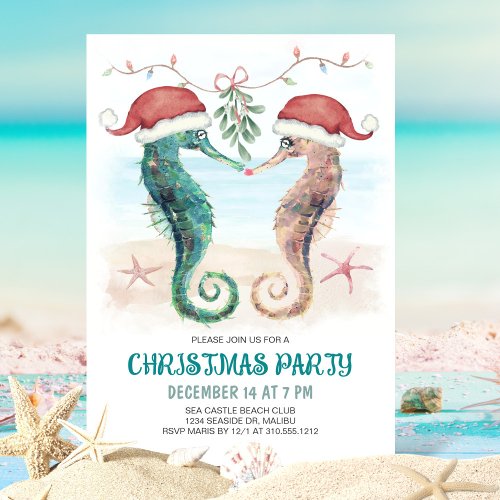 Seahorse Mistletoe Kiss Coastal Christmas Party Invitation
