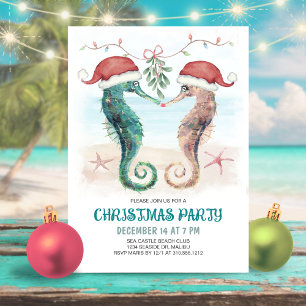 Seahorse Mistletoe Kiss Coastal Christmas Party Invitation